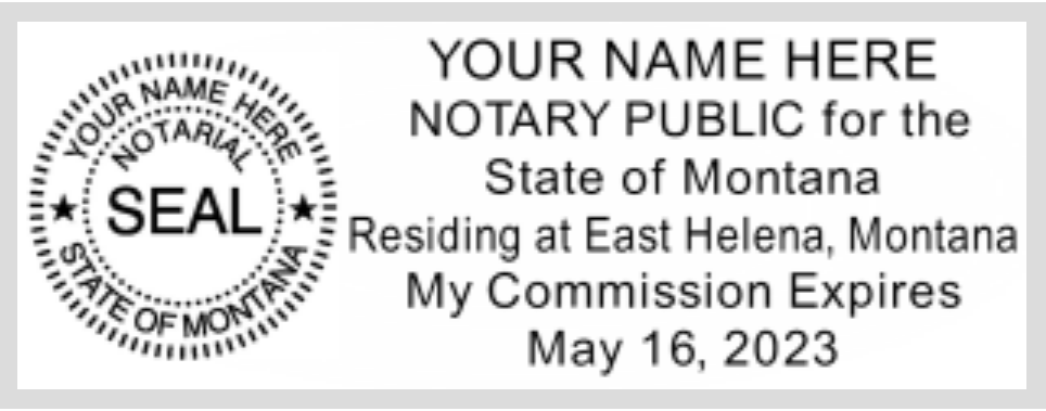 Montana Notary Shiny Orange Body Stamp, Sample Impression Image Montana Notary Shiny Orange Body Stamp, Sample Impression Image